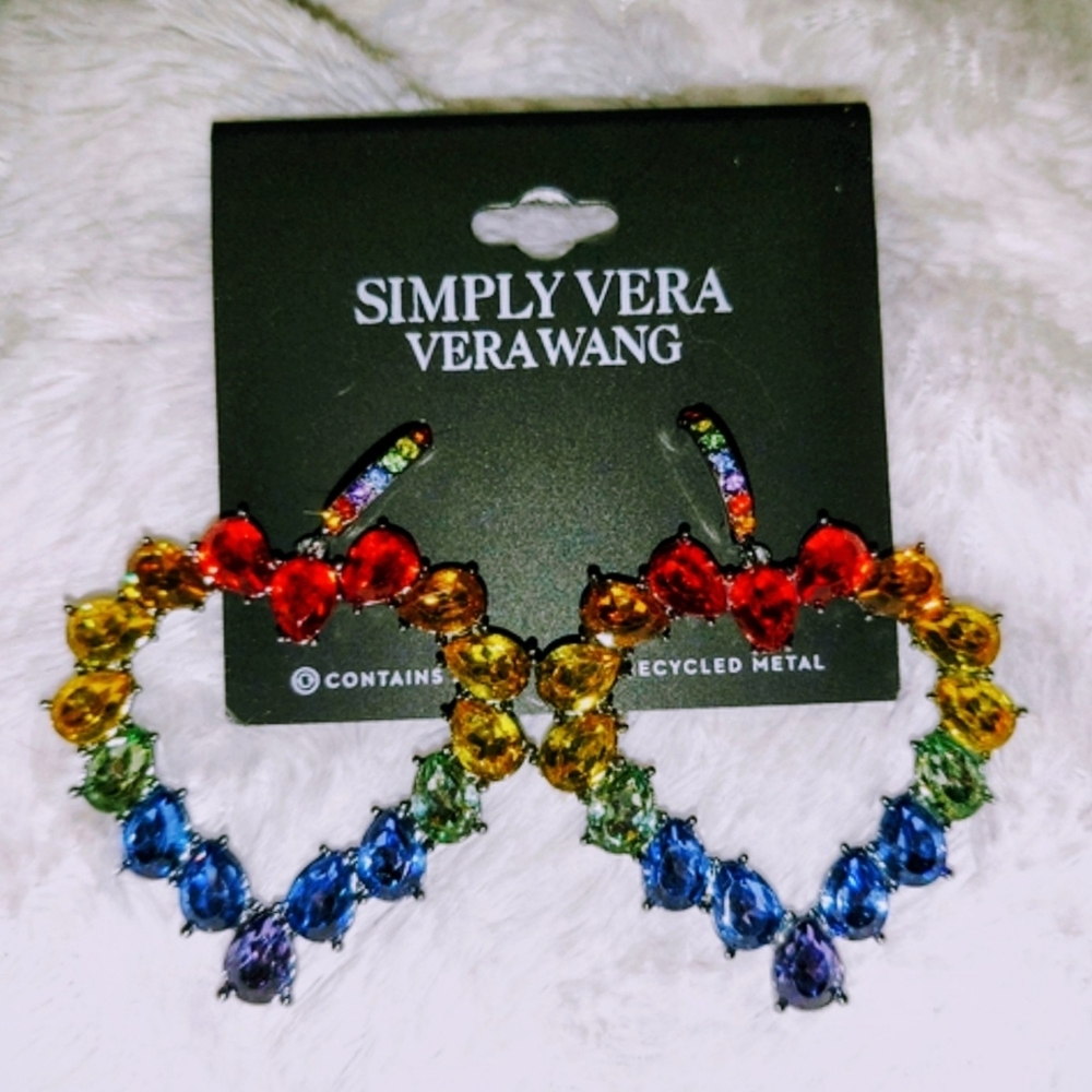 Simply Vera Wang Pewter Tone Rainbow Crystal Open Heart Drop Christmas Gift NWT!